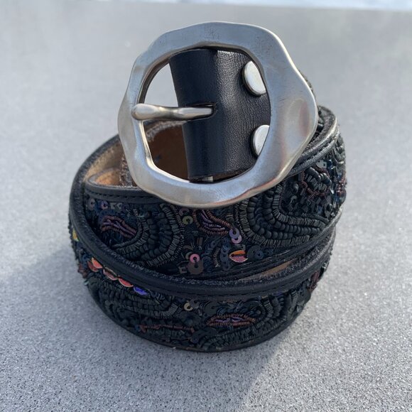 Lucky Brand Accessories - Lucky Brand Leather Beaded Sequin Waist Belt Women's S Black Silver Buckle Y2K